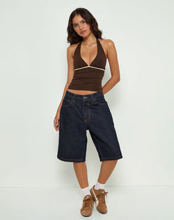 Abeth Halterneck Top in Chocolate Brown with Lemon Piping