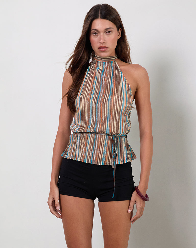 Brienne Top in Blue and Brown Shimmer Sheer Plisse