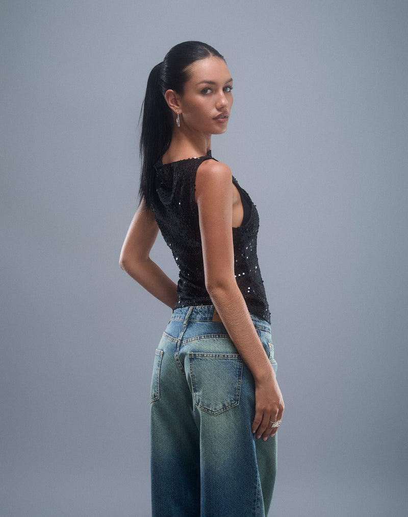 Dudley Vest Top in Sequin Knit Black