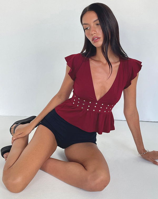 Leisma Frill Top in Jersey Burgundy with Studs