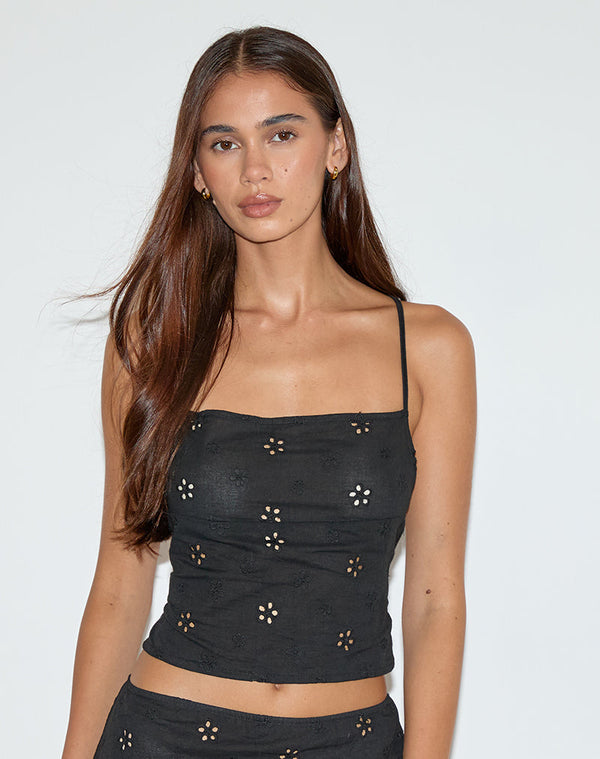 Nobita Cami Top in Flower Broderie Black