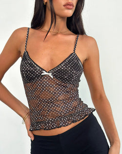 Rumaysa Cami Top in Mini Polka Black and White Printed Lace