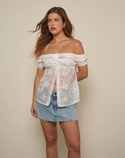 Shogo Bardot Top in Fresia Broderie Ivory