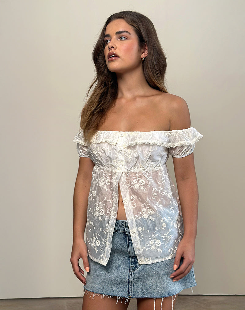 Shogo Bardot Top in Fresia Broderie Ivory